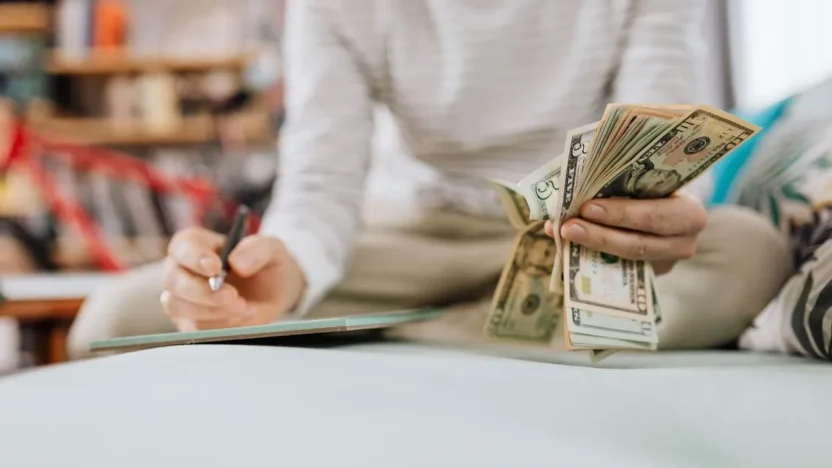 Uma pessoa sentada na cama fazendo anotações e com dinheiro na mão.
Como funciona a renda variável.